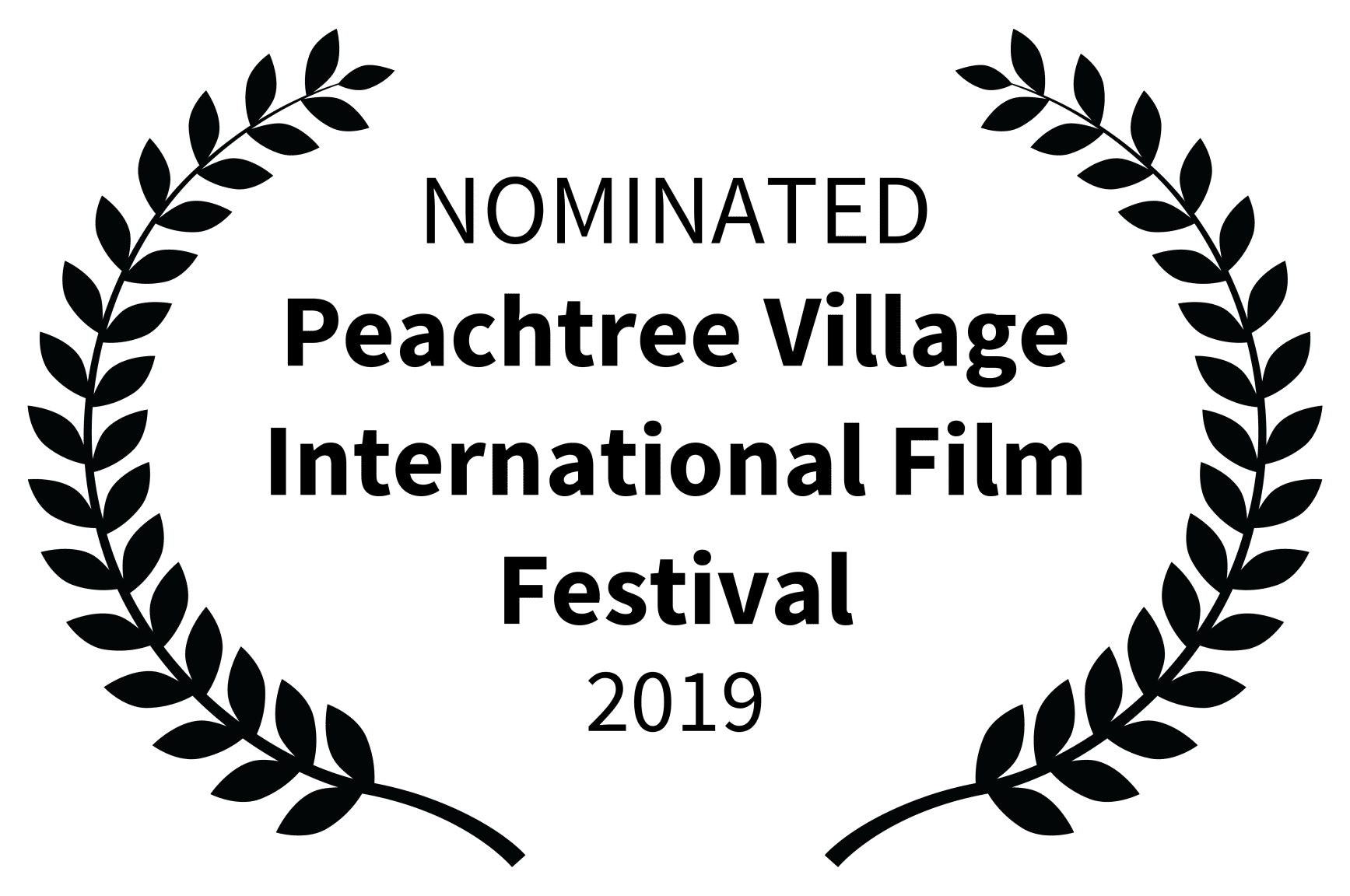 A green banner with black leaves and the words " nominated peachtree village international film festival 2 0 1 9 ".