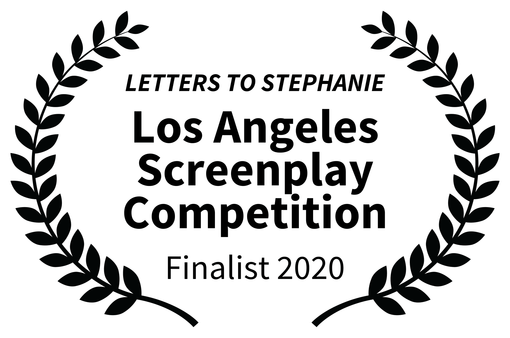 A green banner with leaves and the words " letters to stephanie los angeles screenplay competition finalist 2 0 2 0 ".